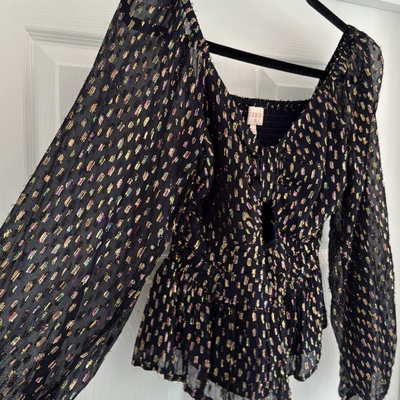 CIEBON Geena Metallic Navy Chiffon Knot Front Long Sleeve Peplum Top XS - Picture 9 of 12